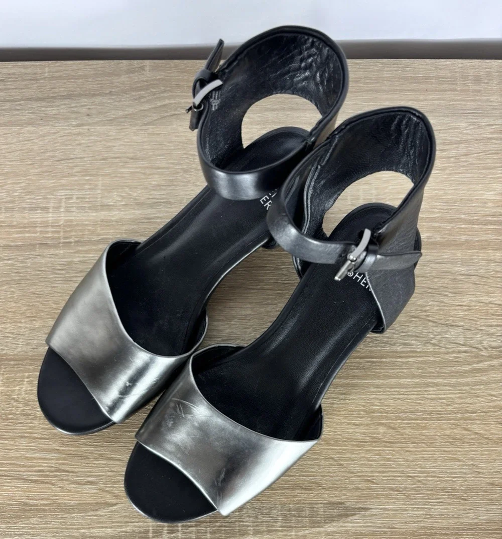 Eileen Fisher Vera Cuoio Leather Block Heel Sandals Pewter Black Womens 7.5